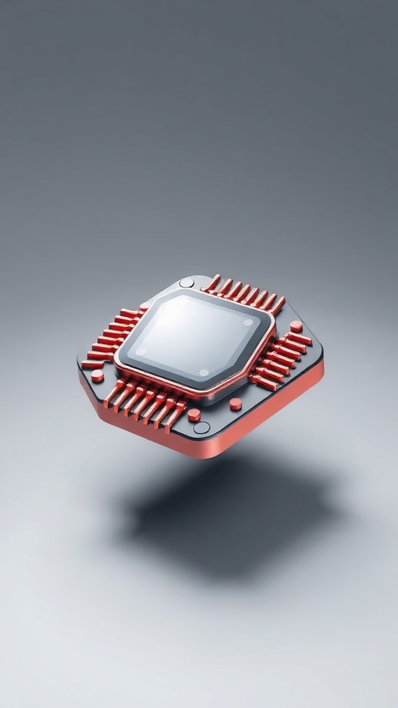 A 3D icon of a chip with a glossy finish on a gradient background.
